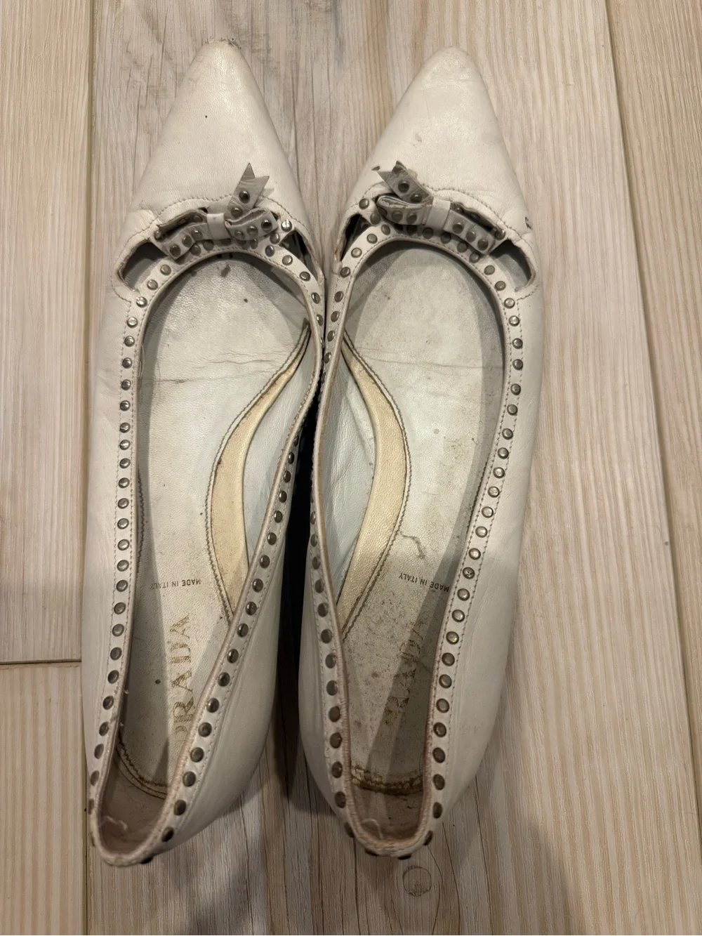 Prada White Pointed-Toe Stud-Trim Leather Flats